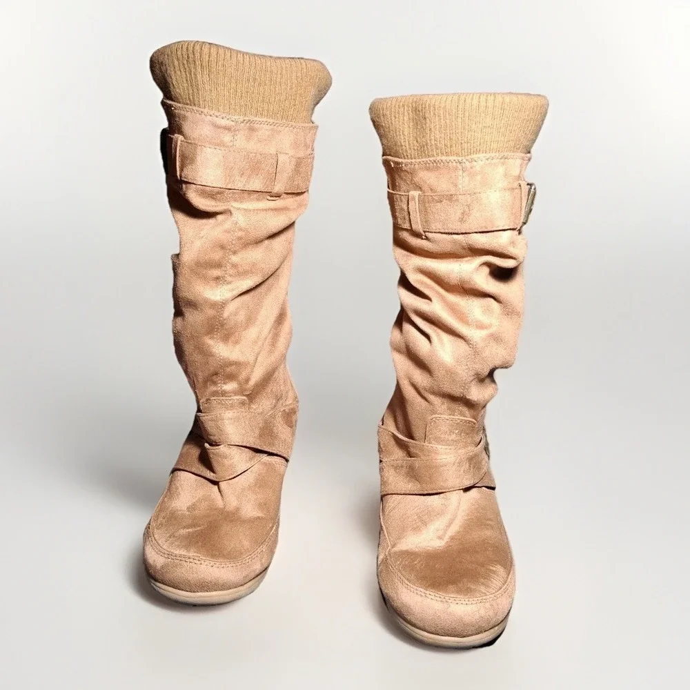 Zigi Soho Marilyn Tan Slouchy Mid Calf Boots Womens 9 Ribbed Knit Buckle Straps